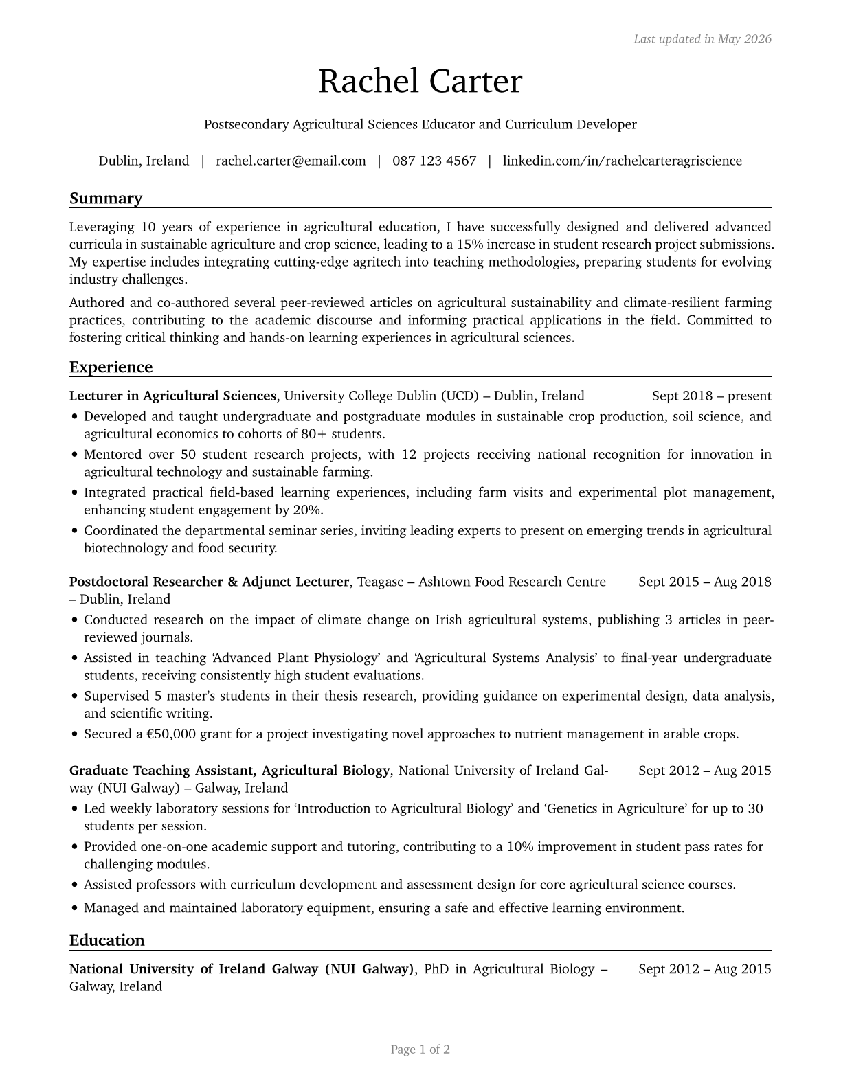 Agricultural Sciences Teachers, Postsecondary CV in English — page 1