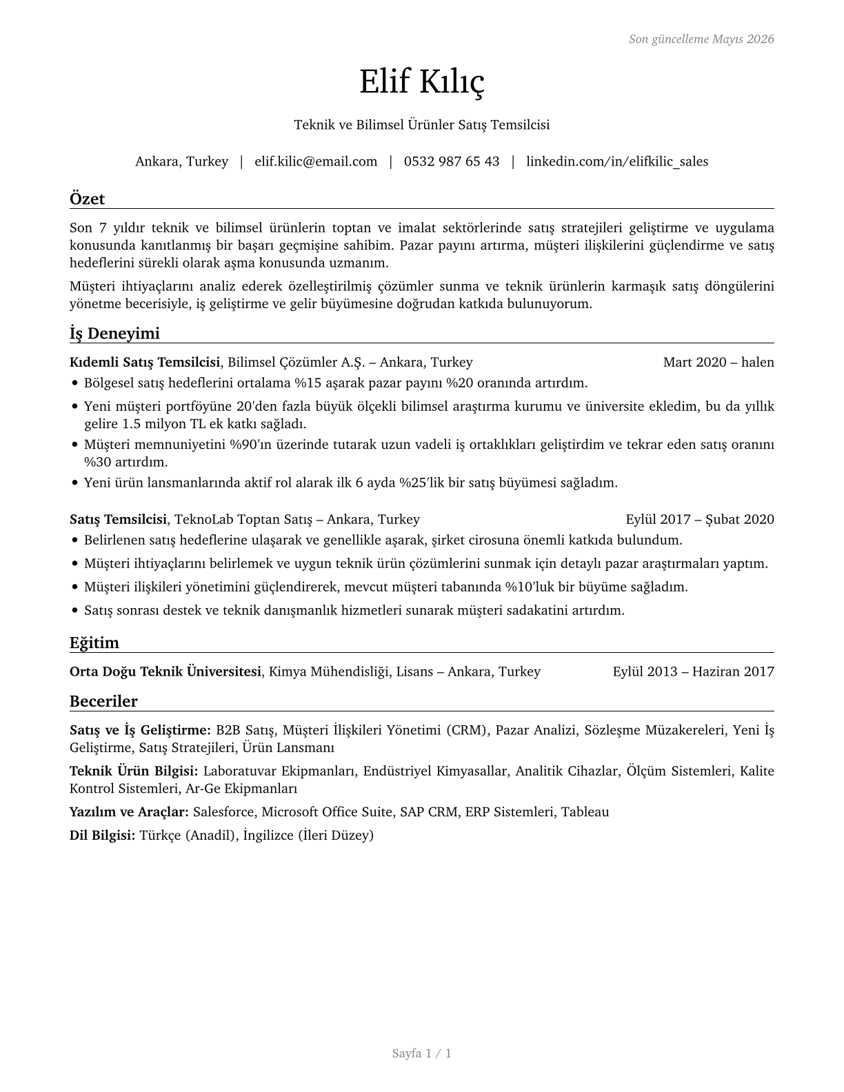 Sales Representatives, Wholesale and Manufacturing, Technical and Scientific Products CV in Turkish — page 1