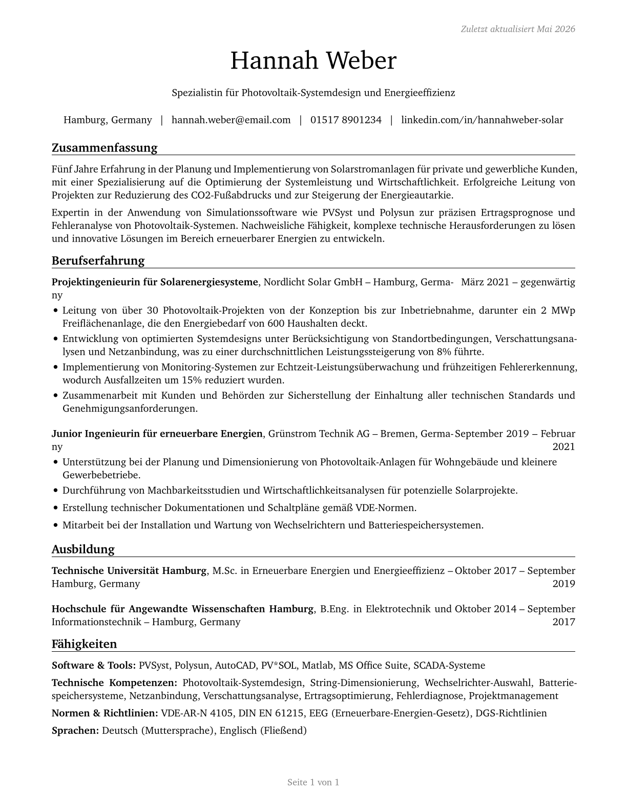 Solar Energy Systems Engineers CV in German — page 1