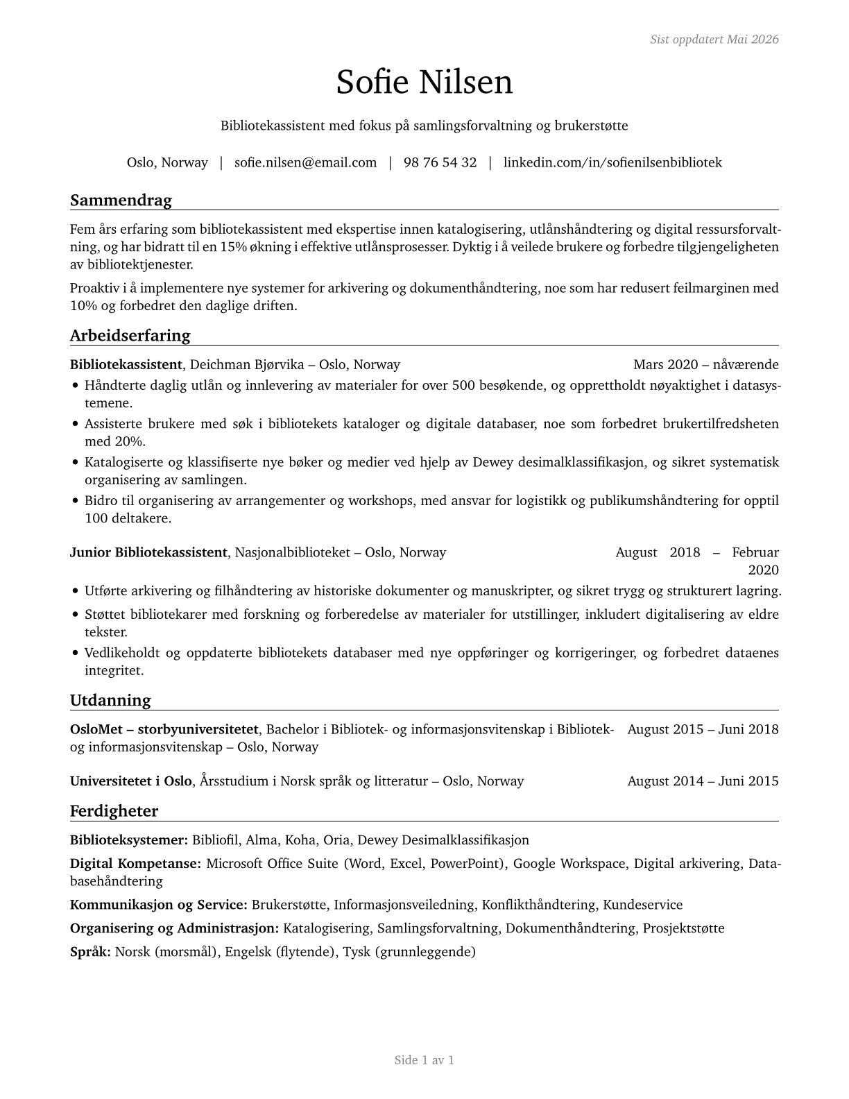 Library Assistants, Clerical CV in Norwegian_bokmal — page 1