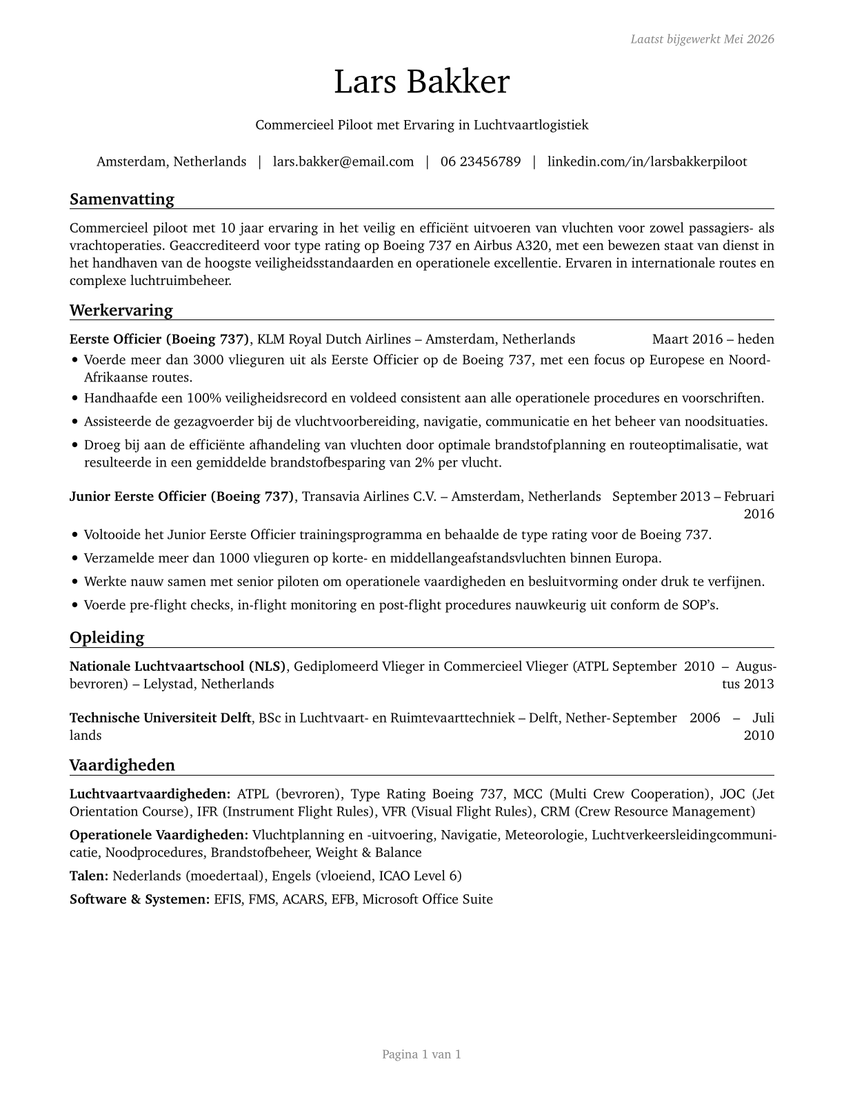 Commercial Pilots CV in Dutch — page 1