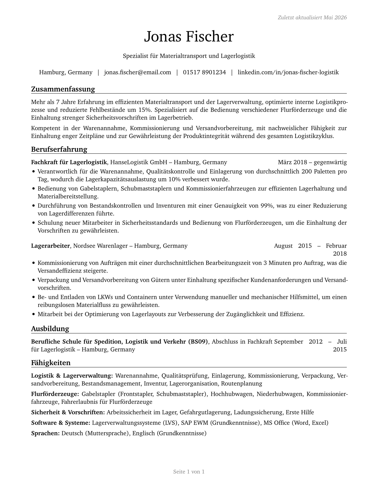 Material Moving Workers, All Other CV in German — page 1