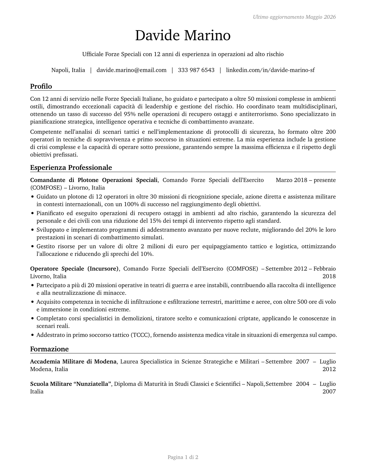 Special Forces Officers CV in Italian — page 1