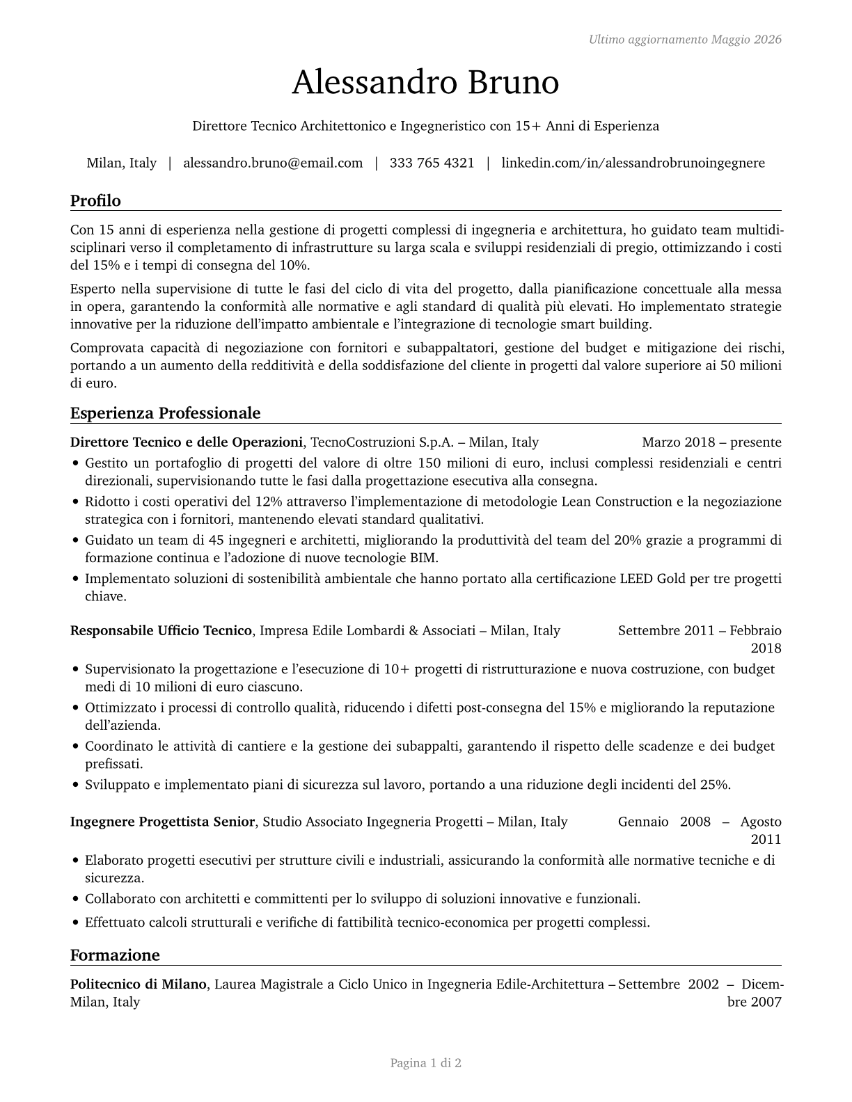 Architectural and Engineering Managers CV in Italian — page 1