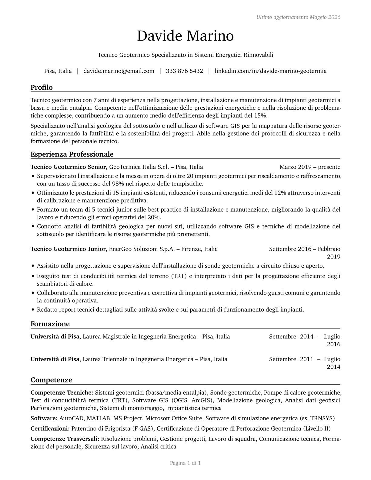 Geothermal Technicians CV in Italian — page 1