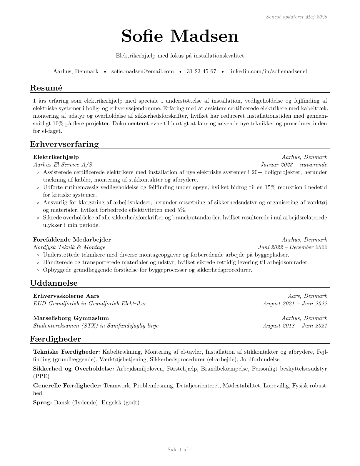 Helpers--Electricians CV in Danish — page 1