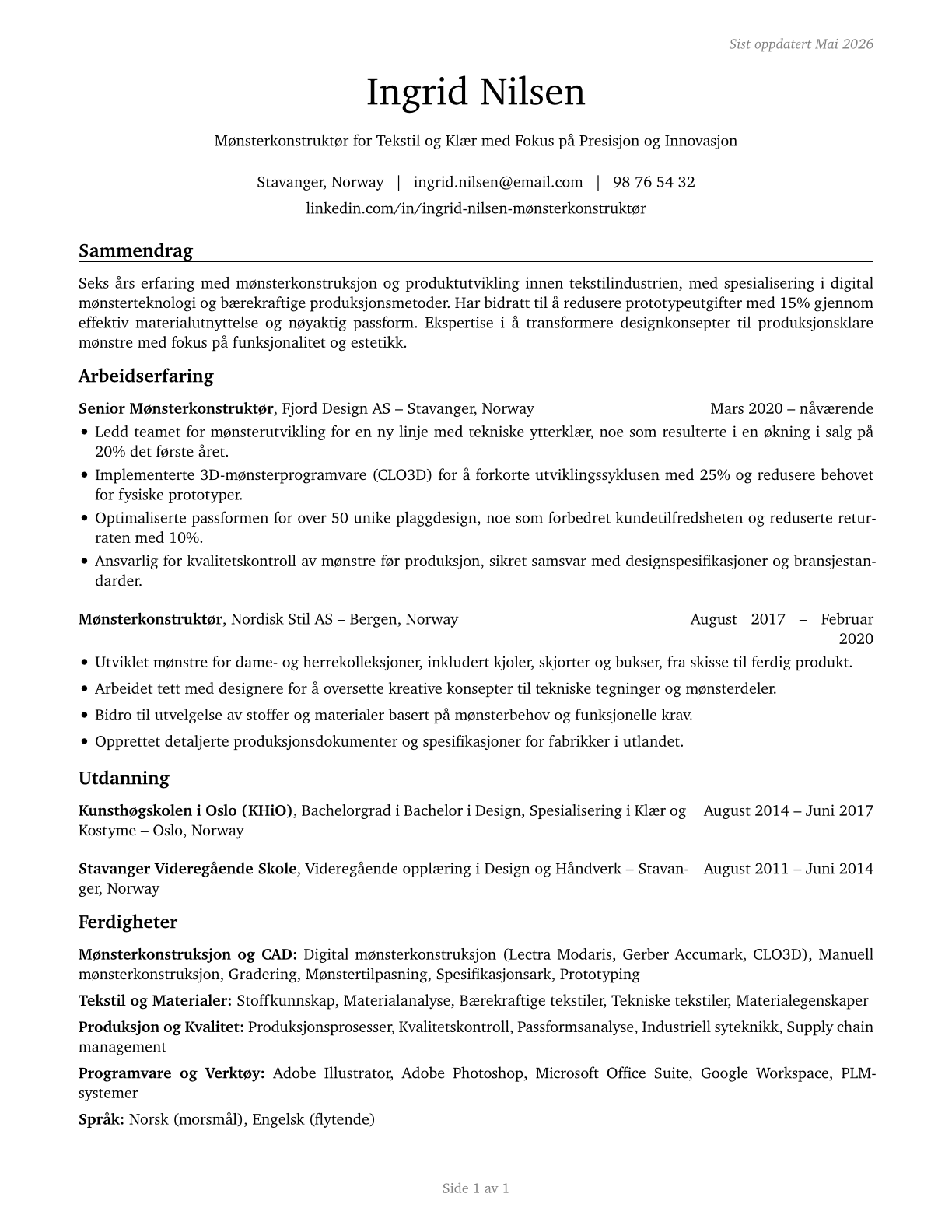 Fabric and Apparel Patternmakers CV in Norwegian_bokmal — page 1