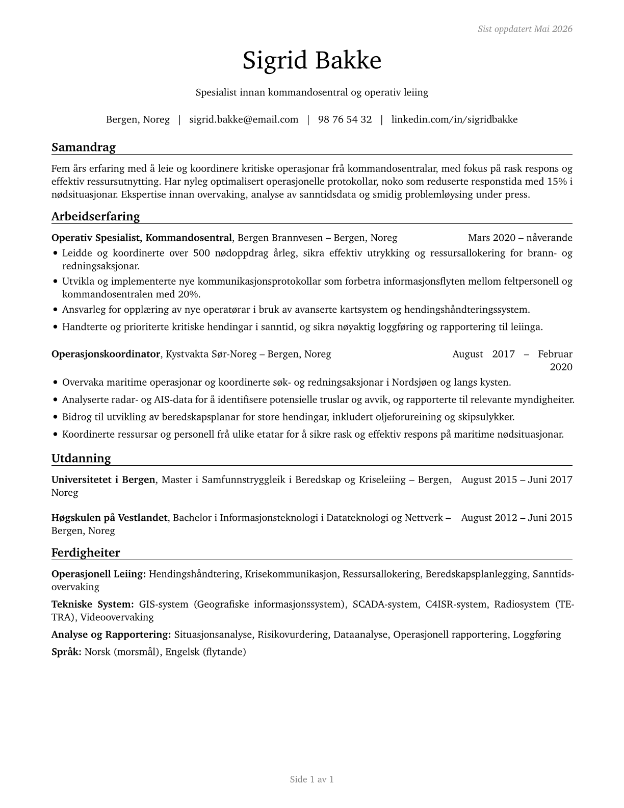 Command and Control Center Specialists CV in Norwegian_nynorsk — page 1