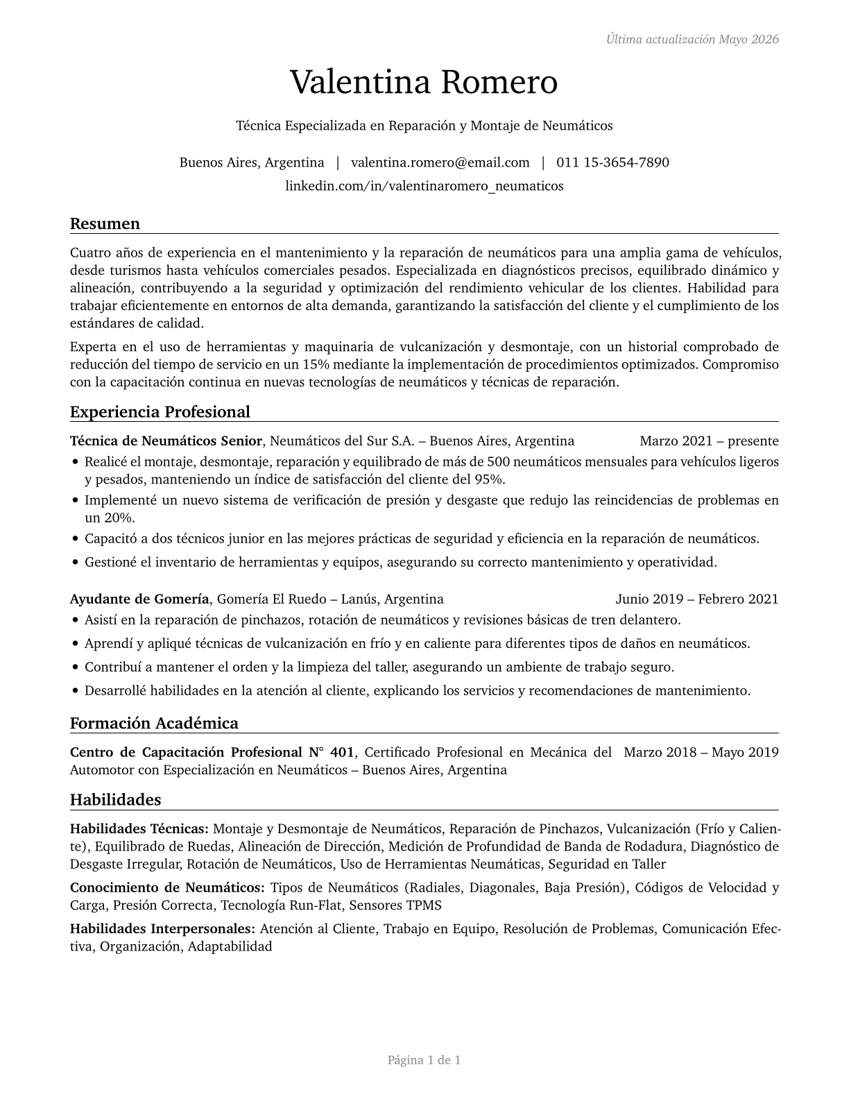 Tire Repairers and Changers CV in Spanish — page 1