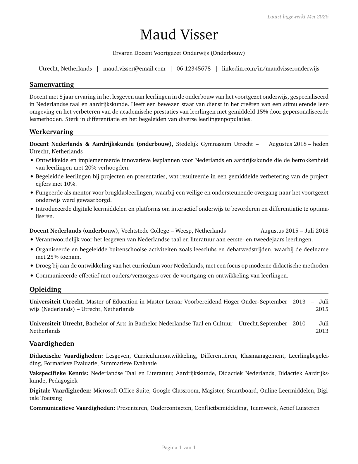 Middle School Teachers, Except Special and Career/Technical Education CV in Dutch — page 1