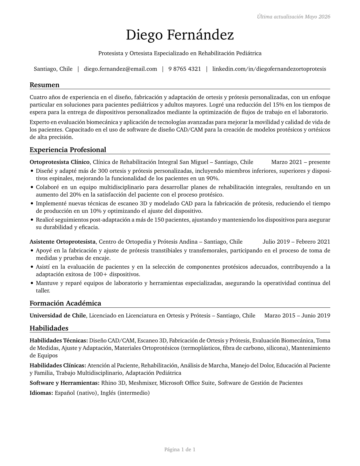 Orthotists and Prosthetists CV in Spanish — page 1