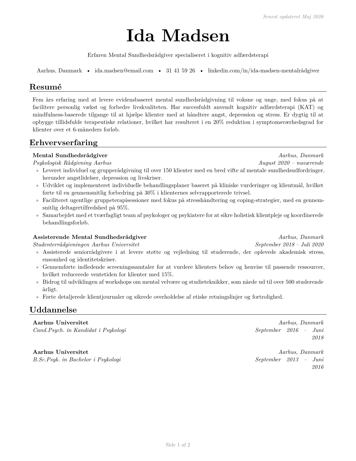 Mental Health Counselors CV in Danish — page 1
