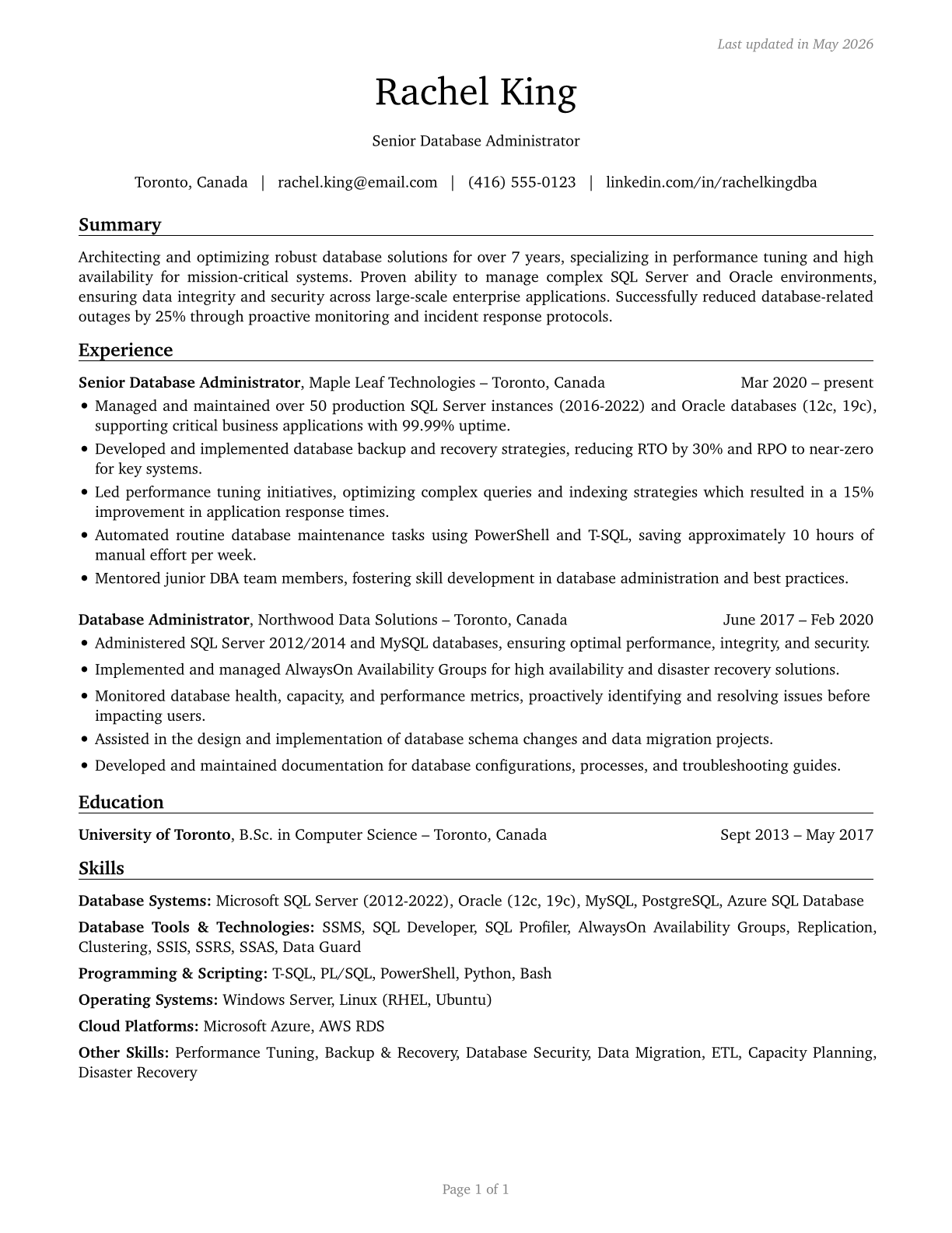 Database Administrators CV in English — page 1