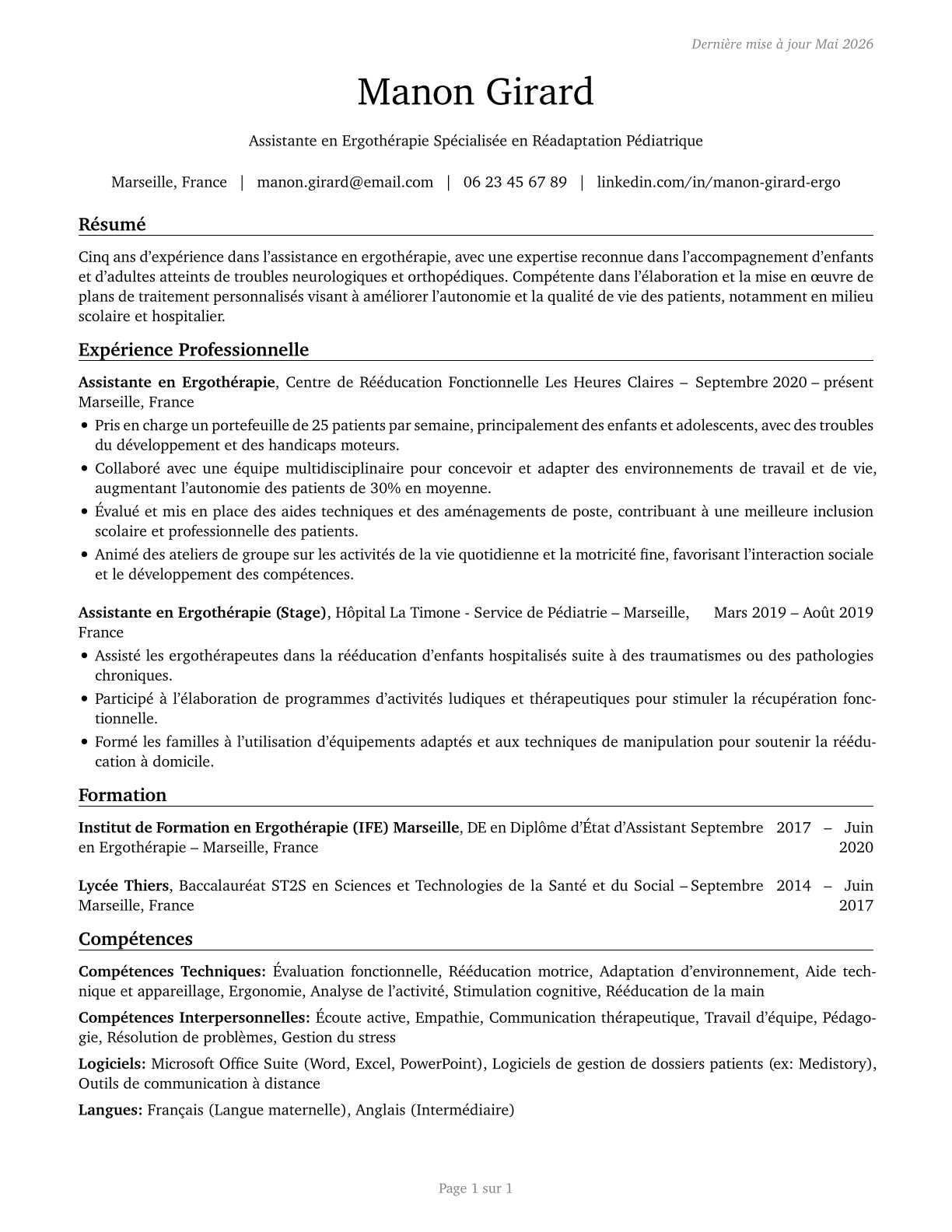 Occupational Therapy Assistants CV in French — page 1