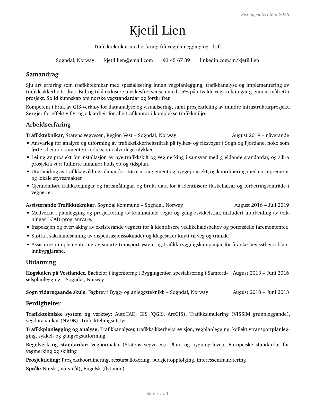 Traffic Technicians CV in Norwegian_nynorsk — page 1