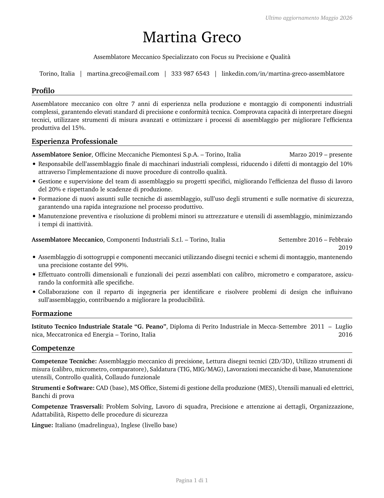 Assemblers and Fabricators, All Other CV in Italian — page 1