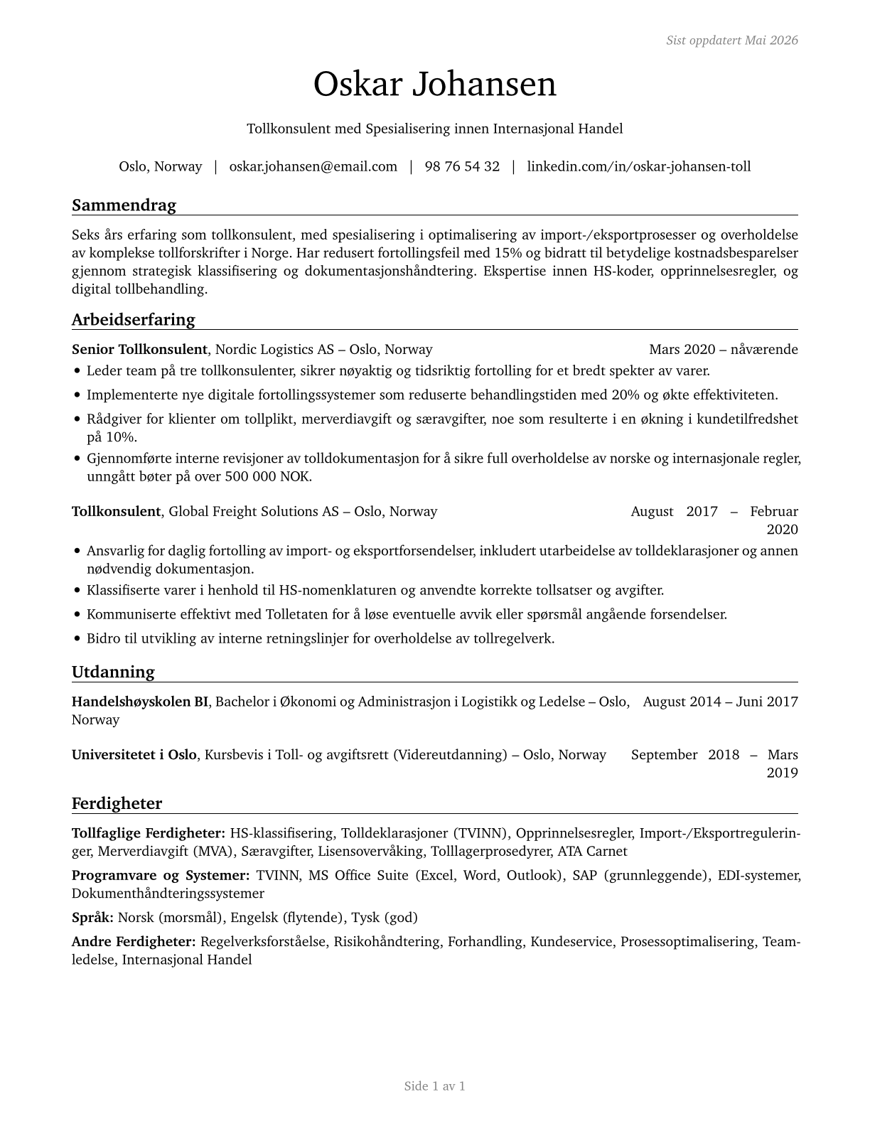 Customs Brokers CV in Norwegian_bokmal — page 1