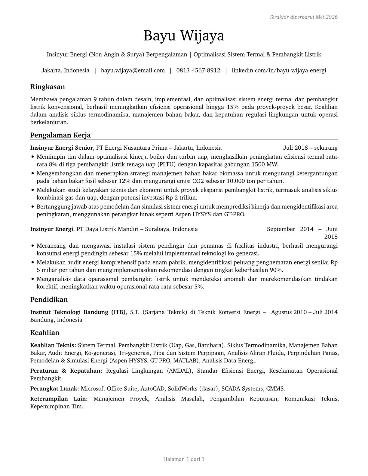 Energy Engineers, Except Wind and Solar CV in Indonesian — page 1
