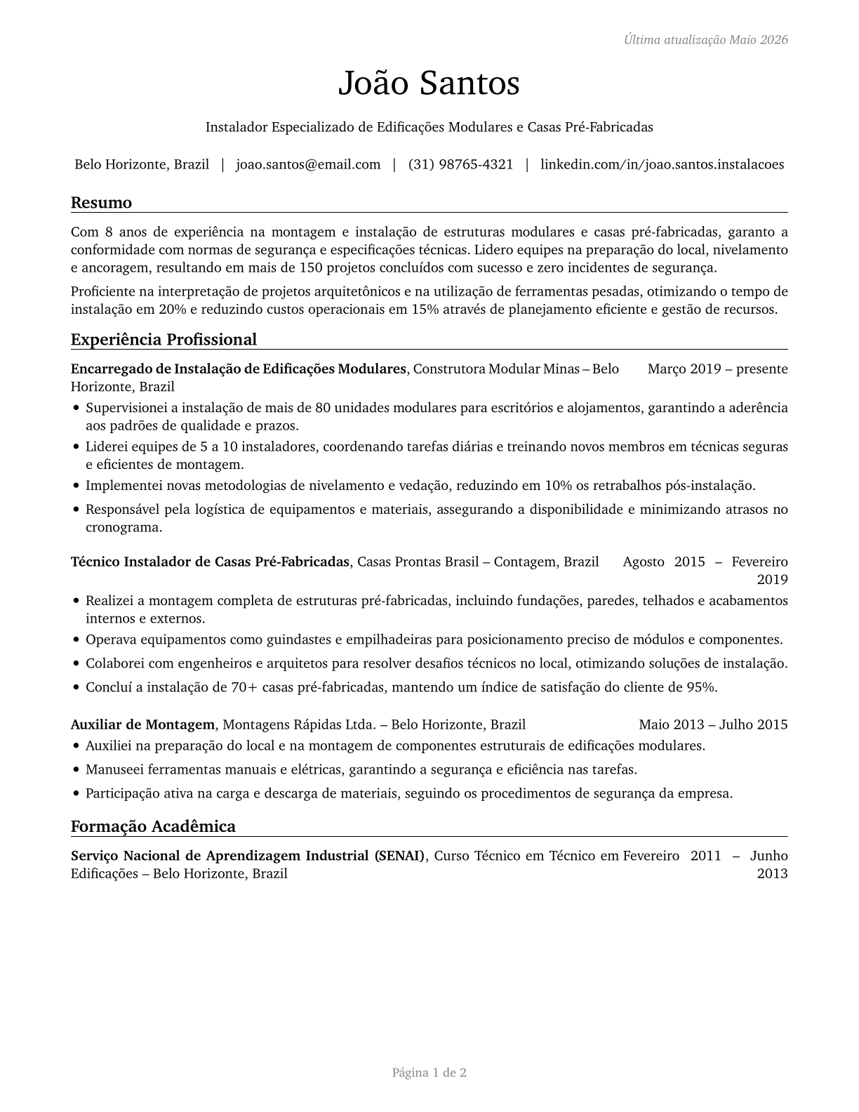 Manufactured Building and Mobile Home Installers CV in Portuguese — page 1