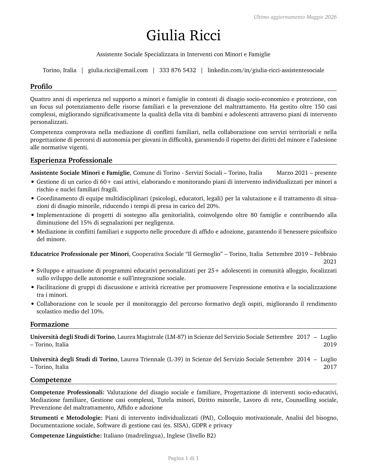 Child, Family, and School Social Workers CV in Italian — page 1