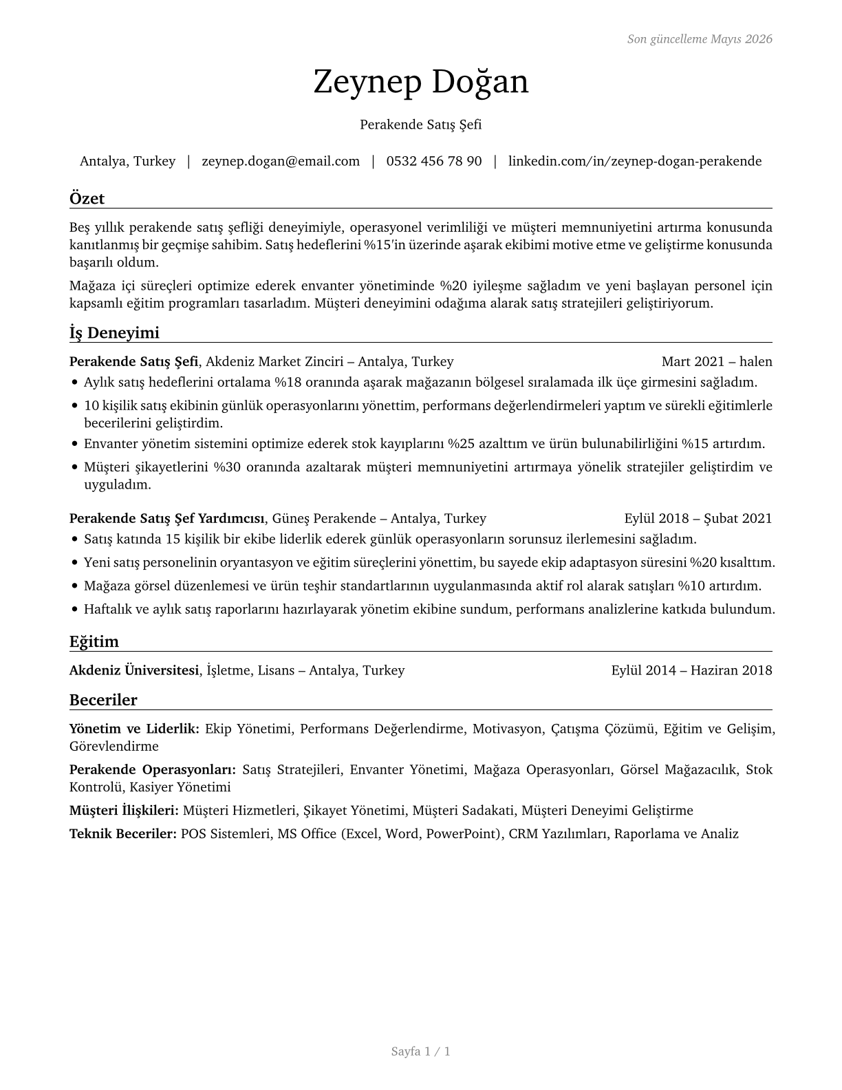 First-Line Supervisors of Retail Sales Workers CV in Turkish — page 1