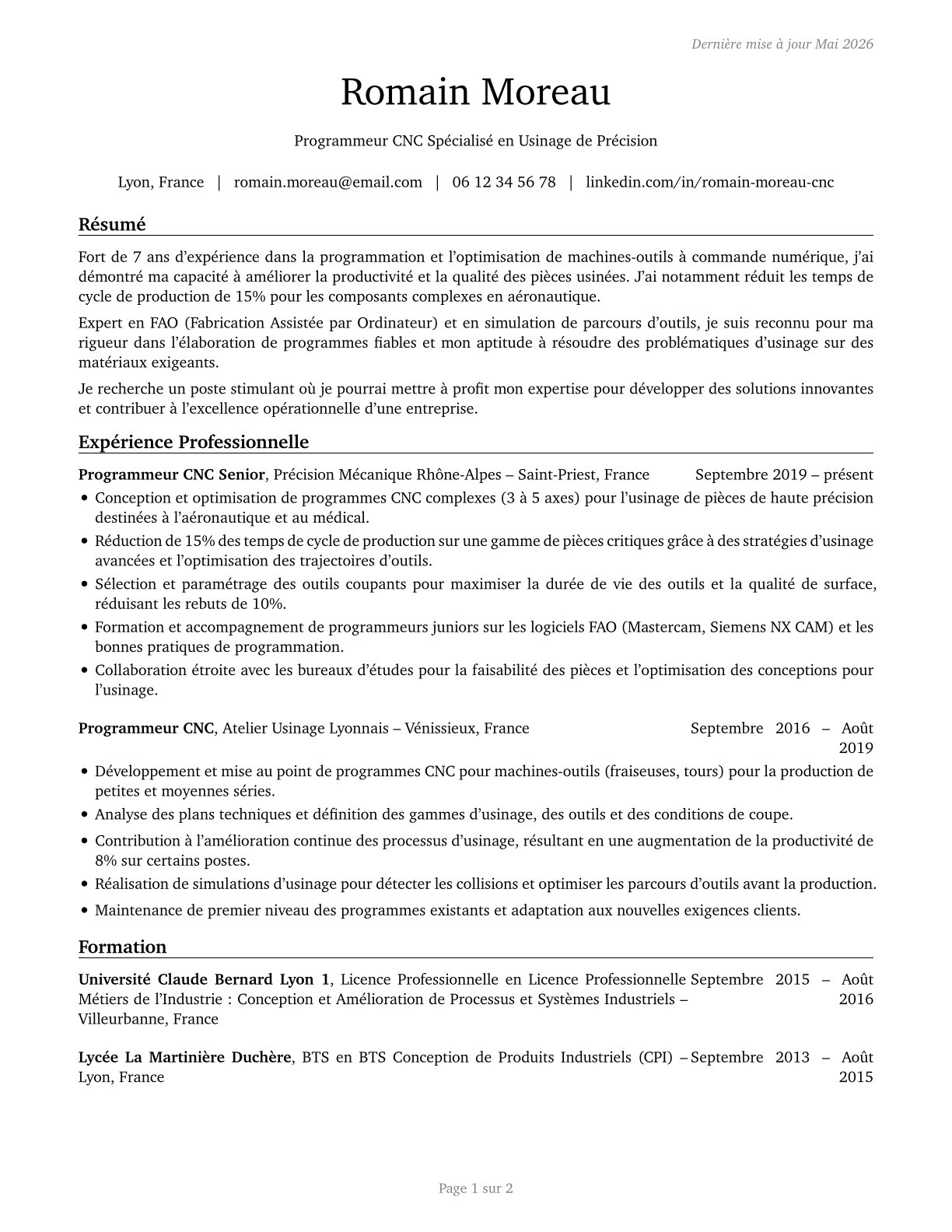 Computer Numerically Controlled Tool Programmers CV in French — page 1