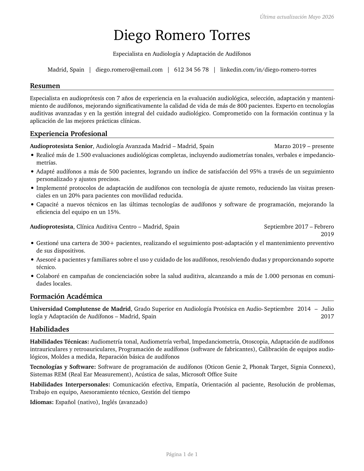 Hearing Aid Specialists CV in Spanish — page 1