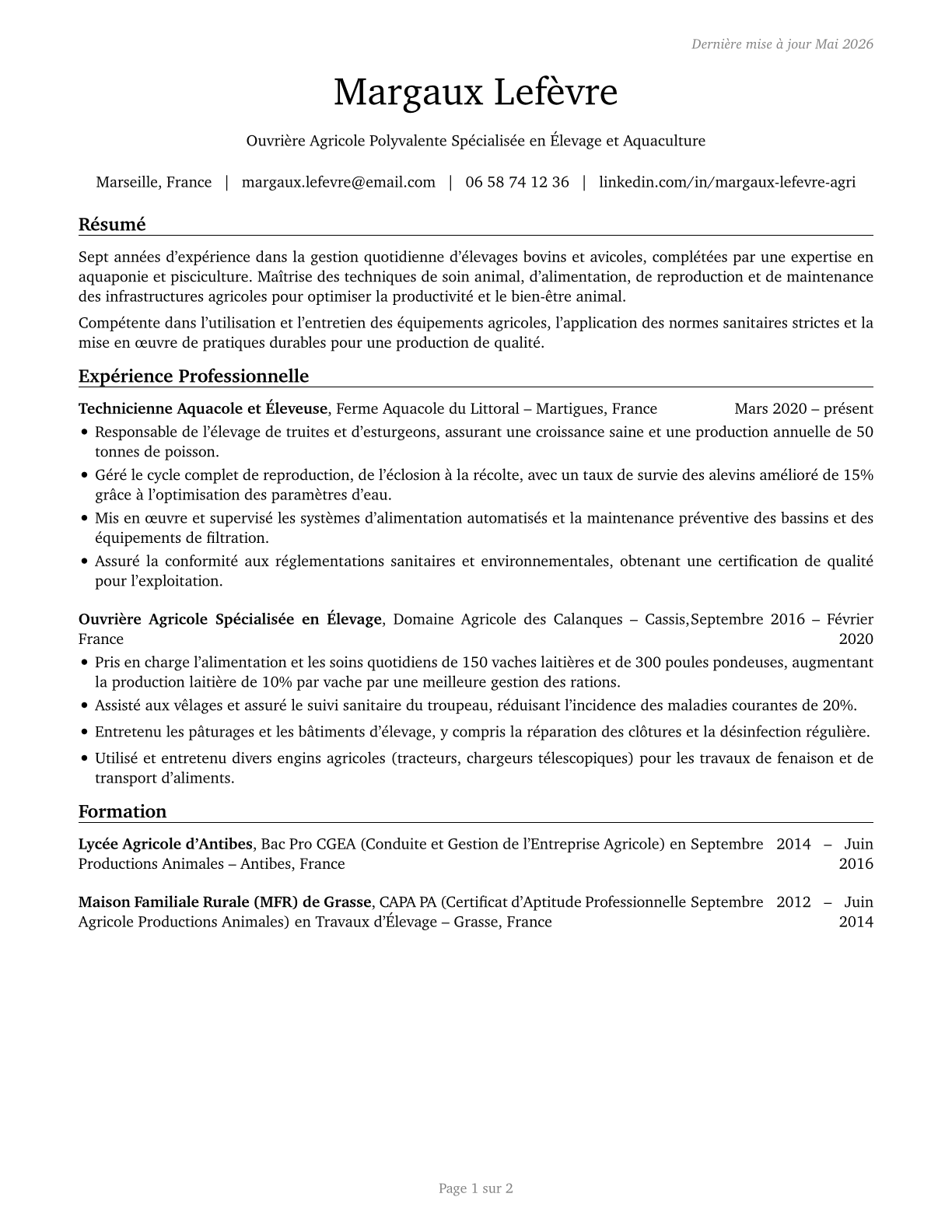 Farmworkers, Farm, Ranch, and Aquacultural Animals CV in French — page 1