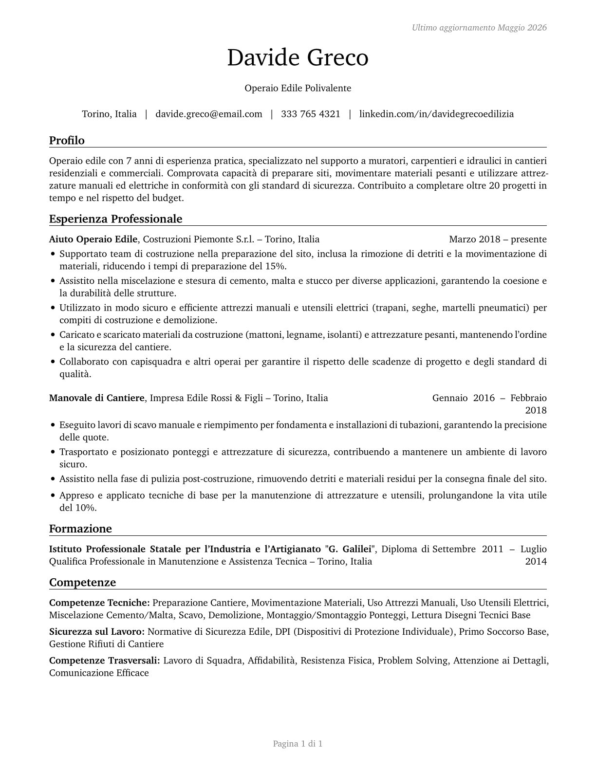 Helpers, Construction Trades, All Other CV in Italian — page 1