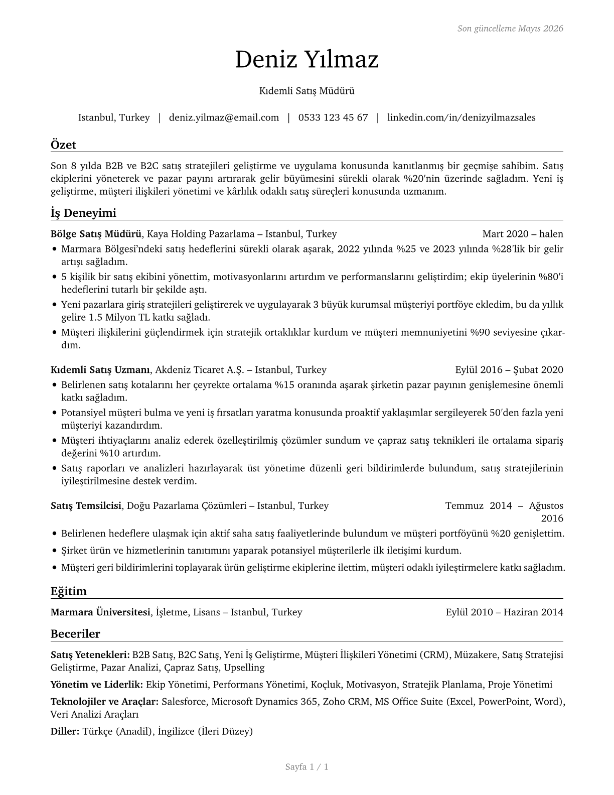 Sales Managers CV in Turkish — page 1