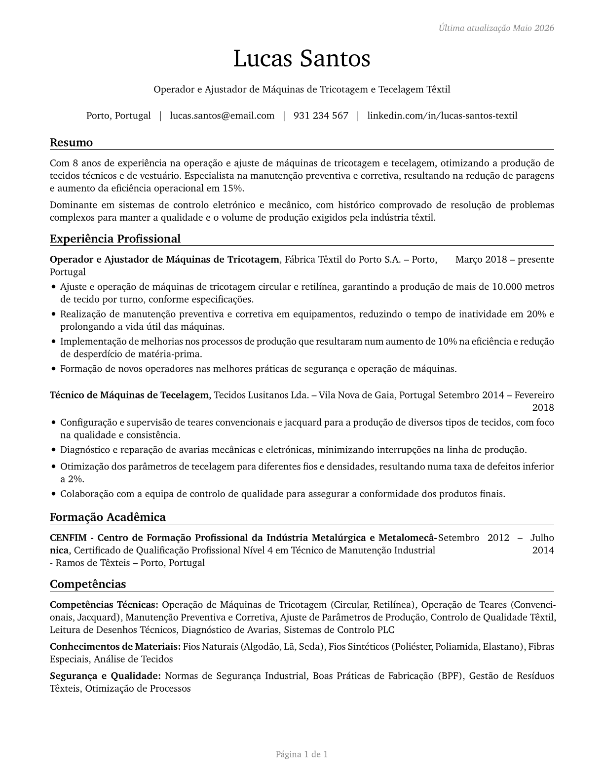 Textile Knitting and Weaving Machine Setters, Operators, and Tenders CV in Portuguese — page 1