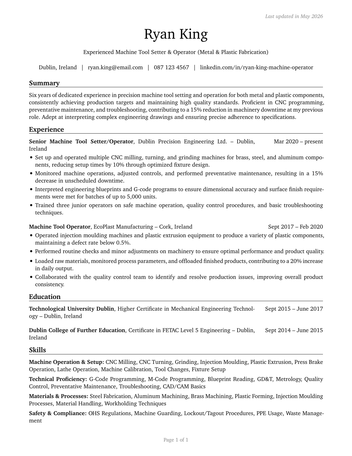 Multiple Machine Tool Setters, Operators, and Tenders, Metal and Plastic CV in English — page 1