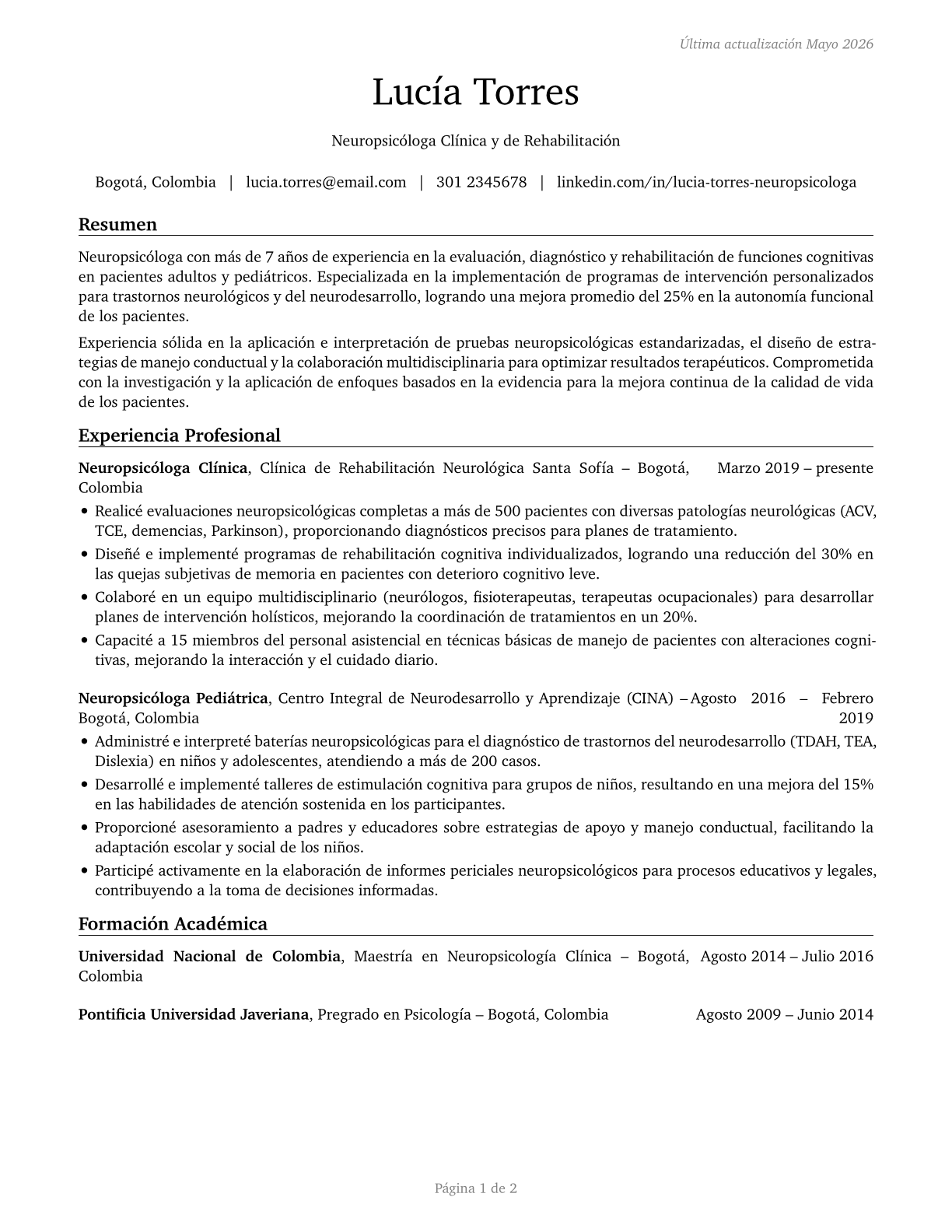 Neuropsychologists CV in Spanish — page 1