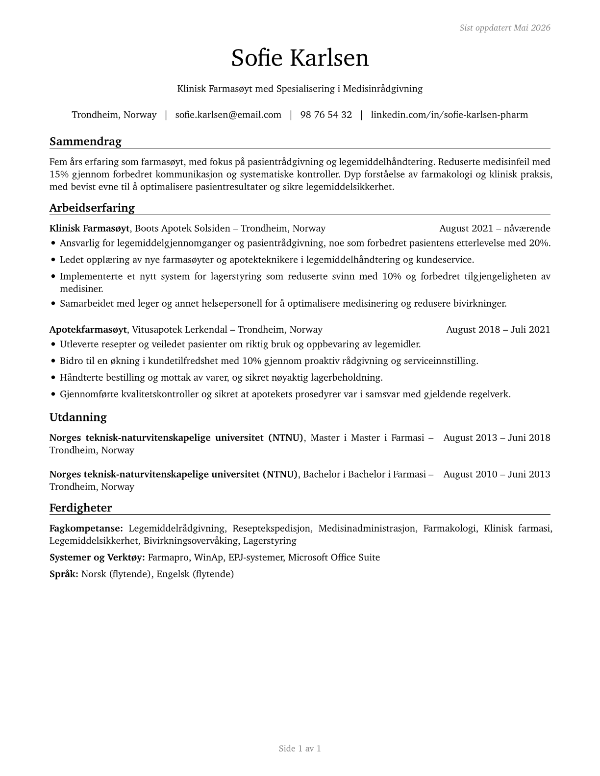Pharmacists CV in Norwegian_bokmal — page 1