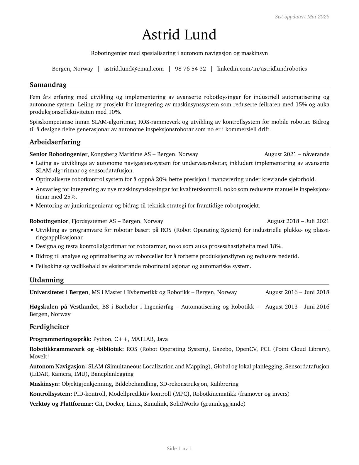 Robotics Engineers CV in Norwegian_nynorsk — page 1