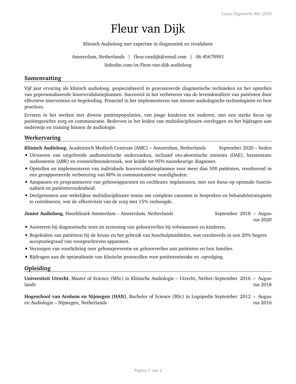 Audiologists CV in Dutch — page 1