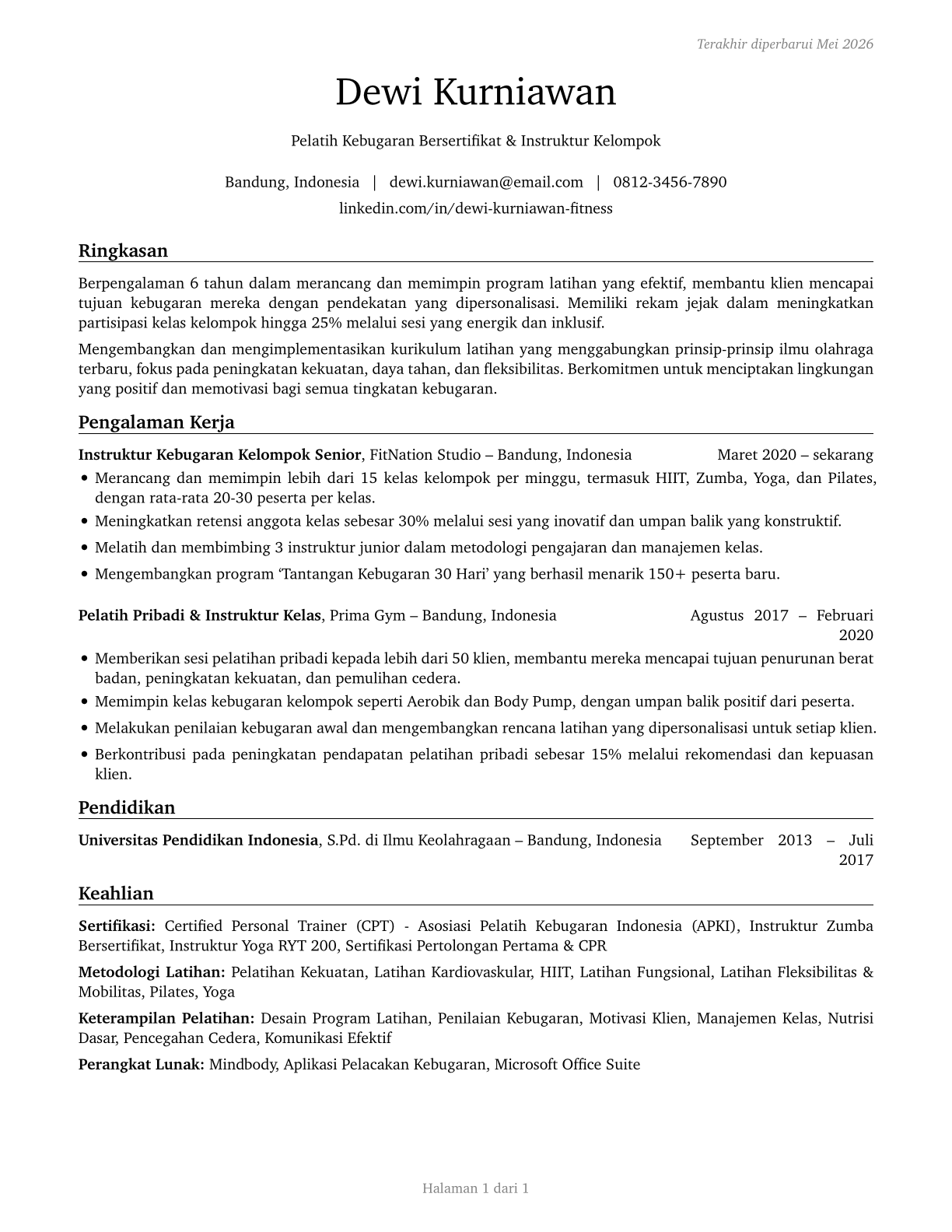 Exercise Trainers and Group Fitness Instructors CV in Indonesian — page 1