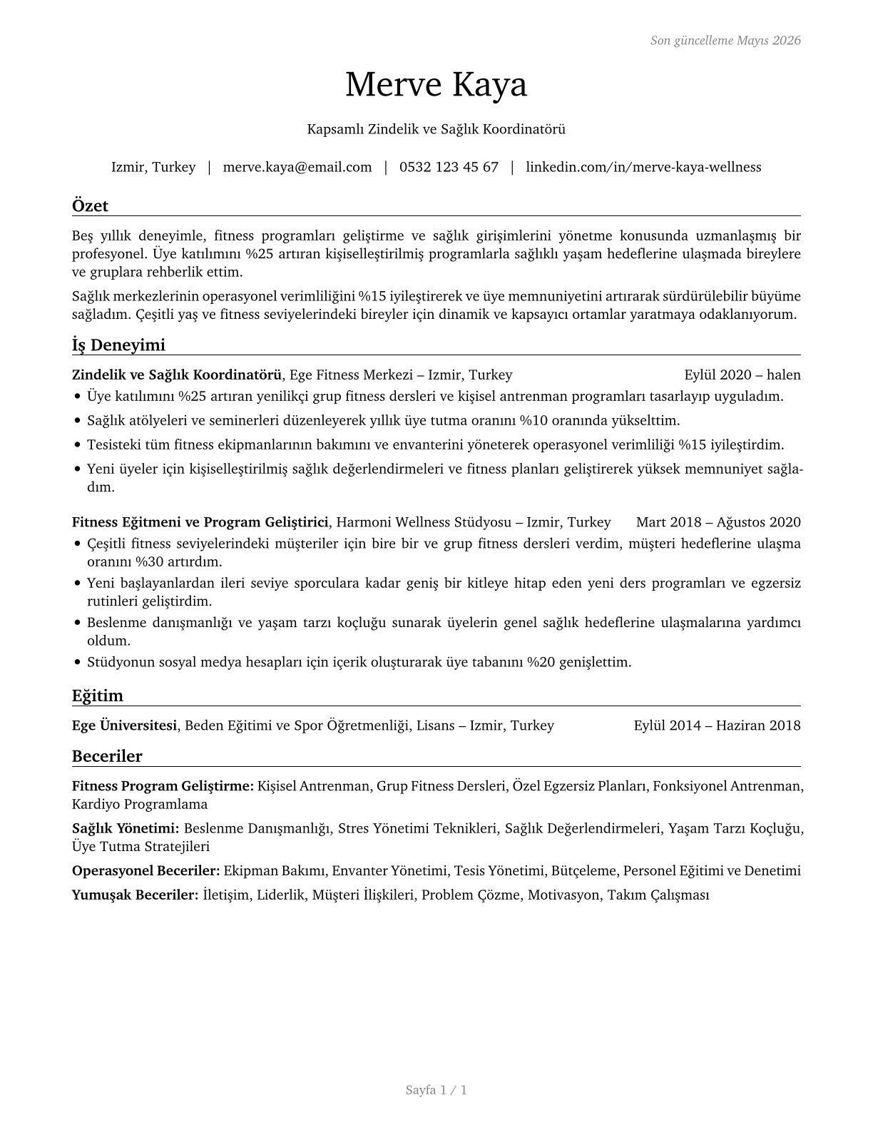 Fitness and Wellness Coordinators CV in Turkish — page 1