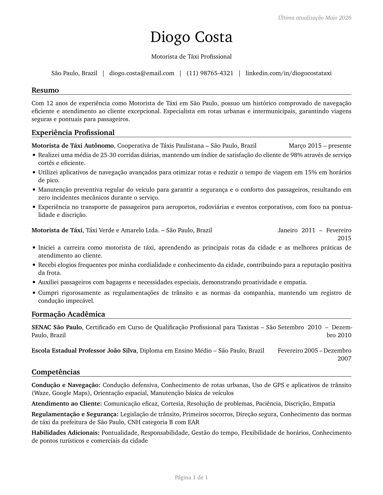 Taxi Drivers CV in Portuguese — page 1