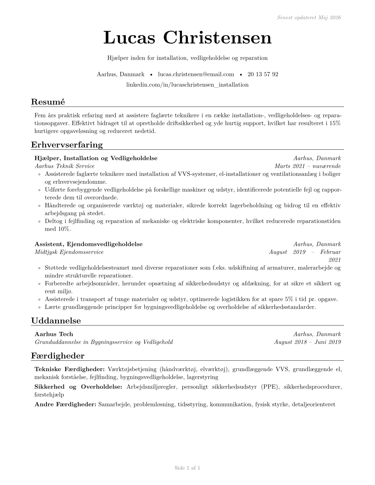 Helpers--Installation, Maintenance, and Repair Workers CV in Danish — page 1