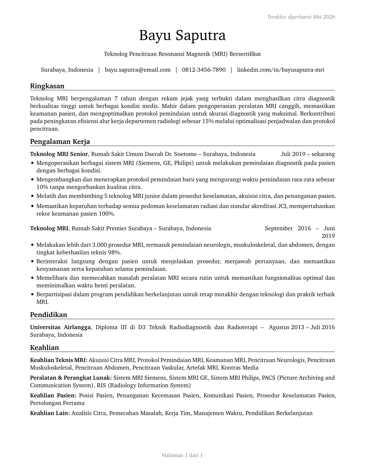 Magnetic Resonance Imaging Technologists CV in Indonesian — page 1