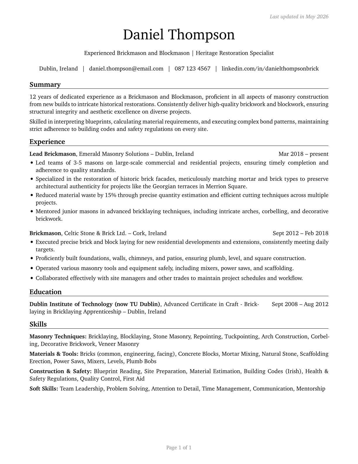 Brickmasons and Blockmasons CV in English — page 1