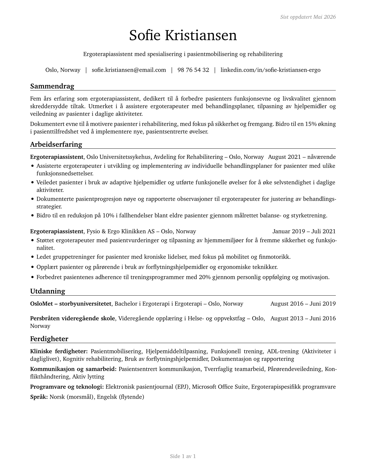 Occupational Therapy Aides CV in Norwegian_bokmal — page 1