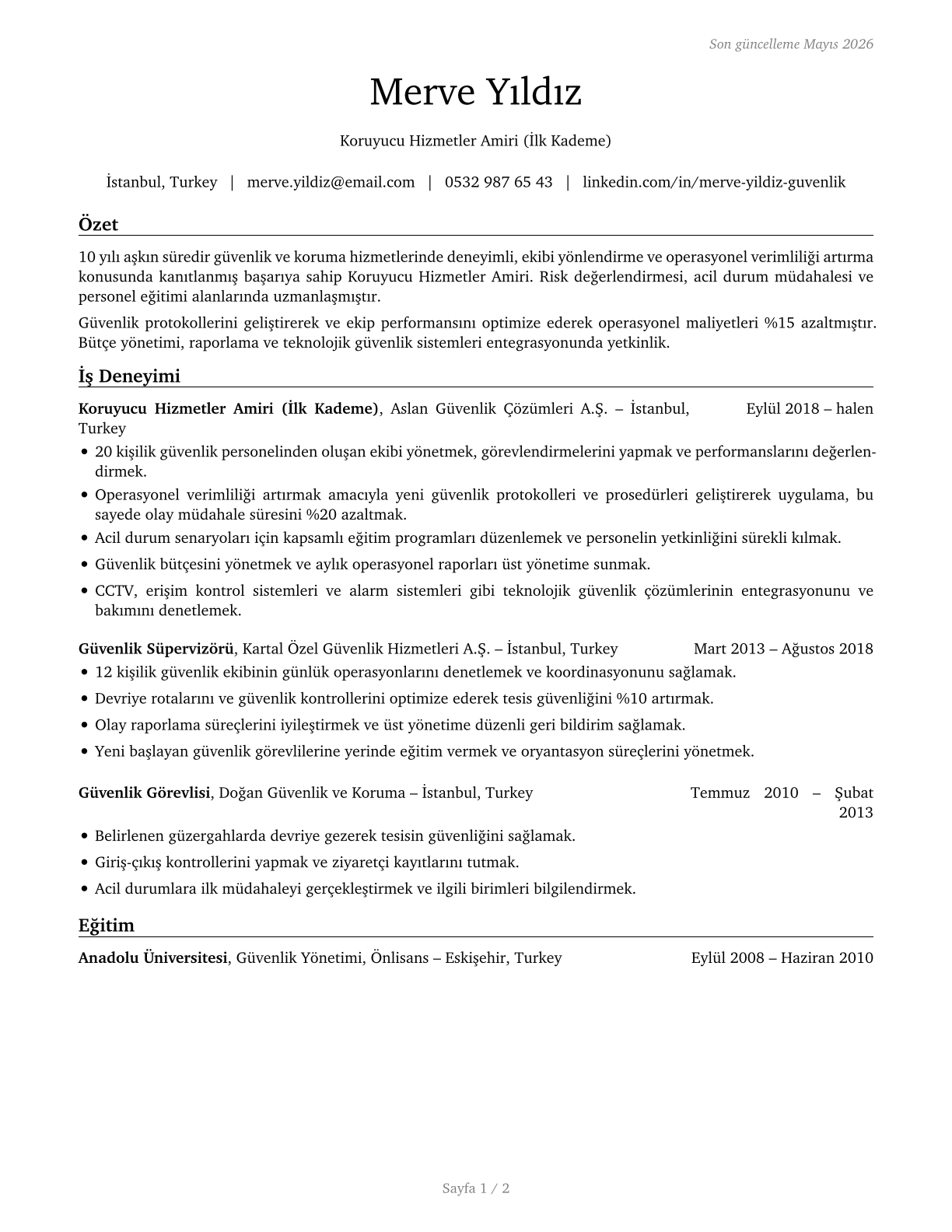 First-Line Supervisors of Protective Service Workers, All Other CV in Turkish — page 1