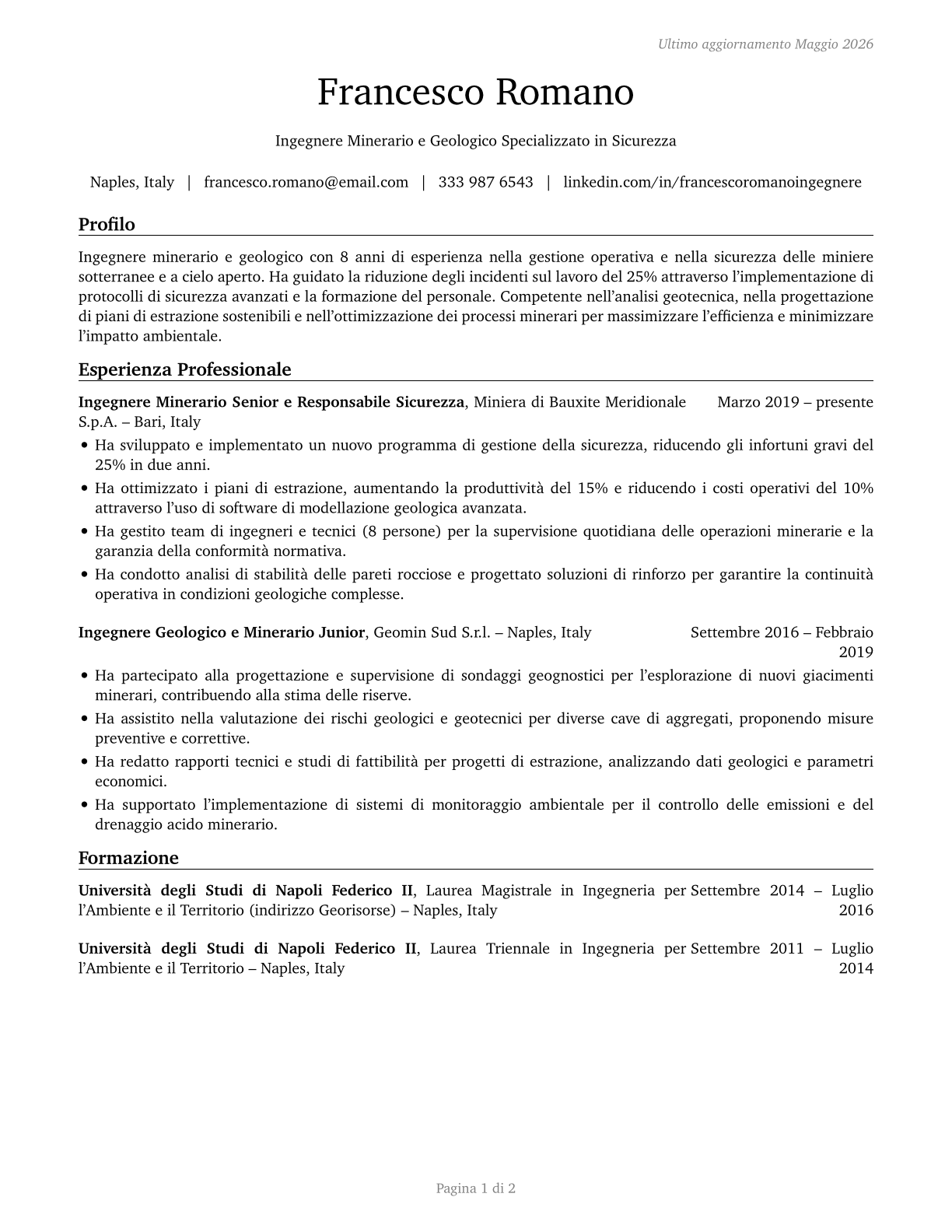 Mining and Geological Engineers, Including Mining Safety Engineers CV in Italian — page 1