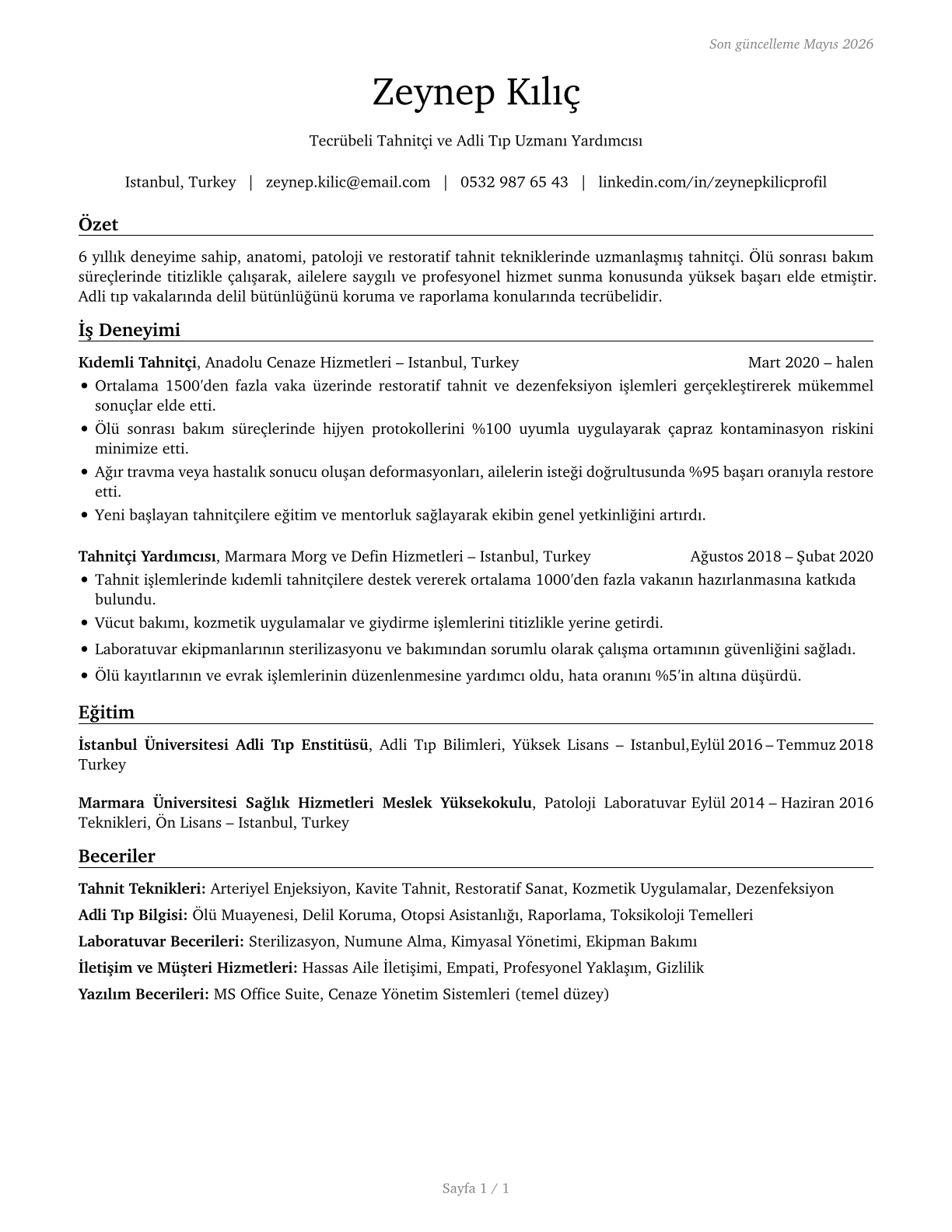 Embalmers CV in Turkish — page 1