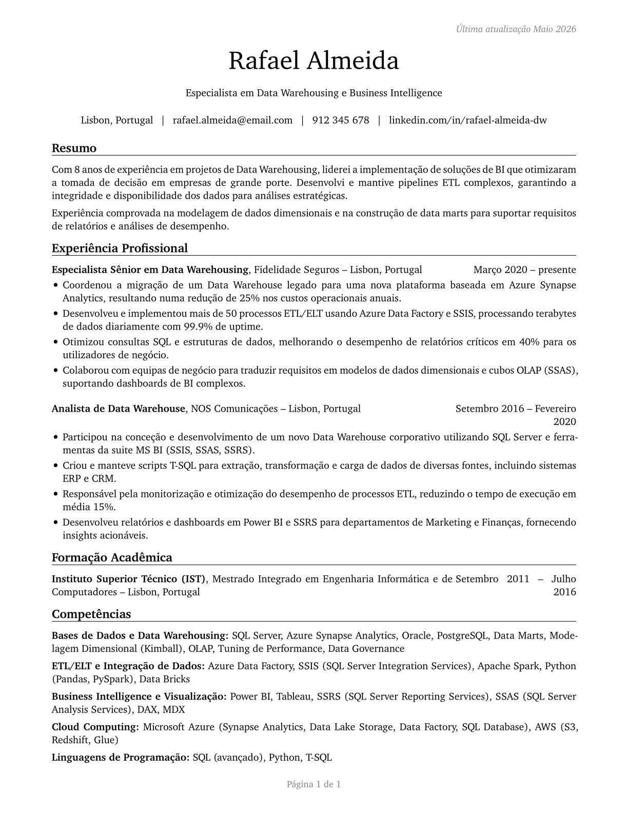 Data Warehousing Specialists CV in Portuguese — page 1