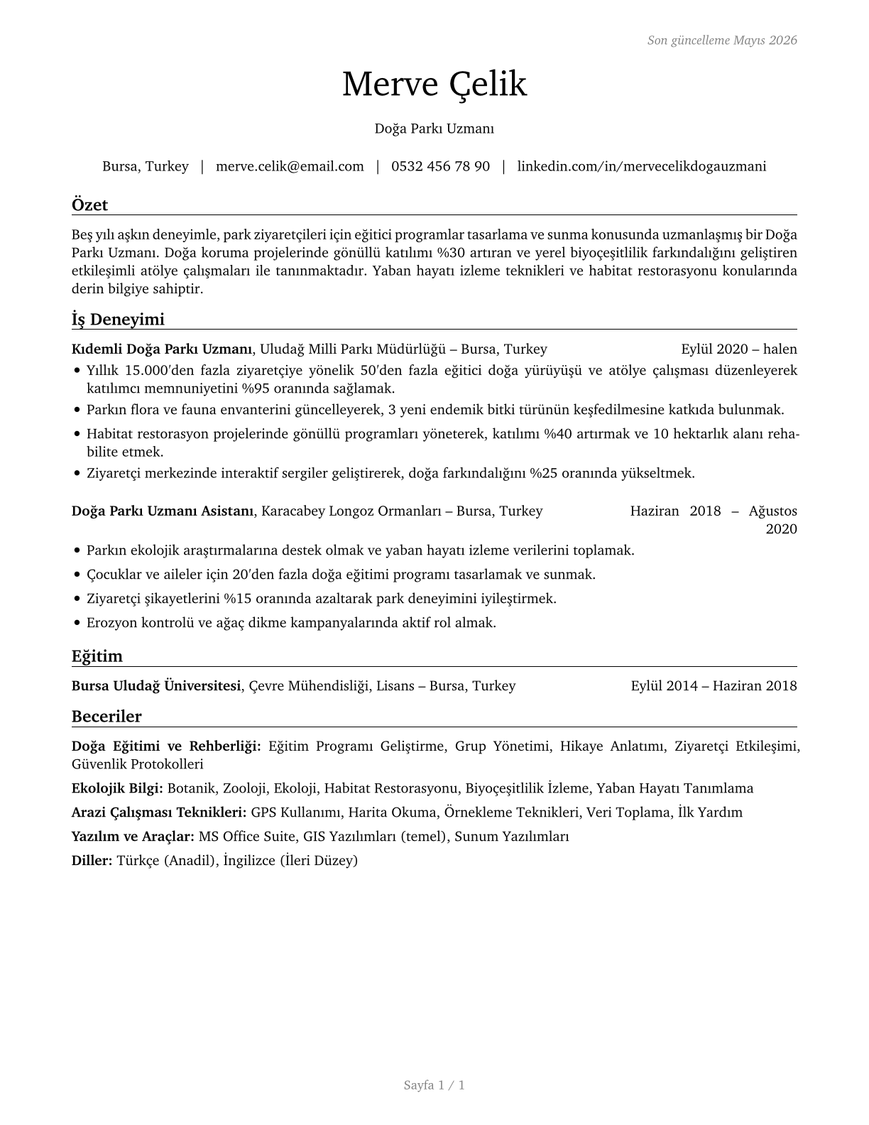 Park Naturalists CV in Turkish — page 1