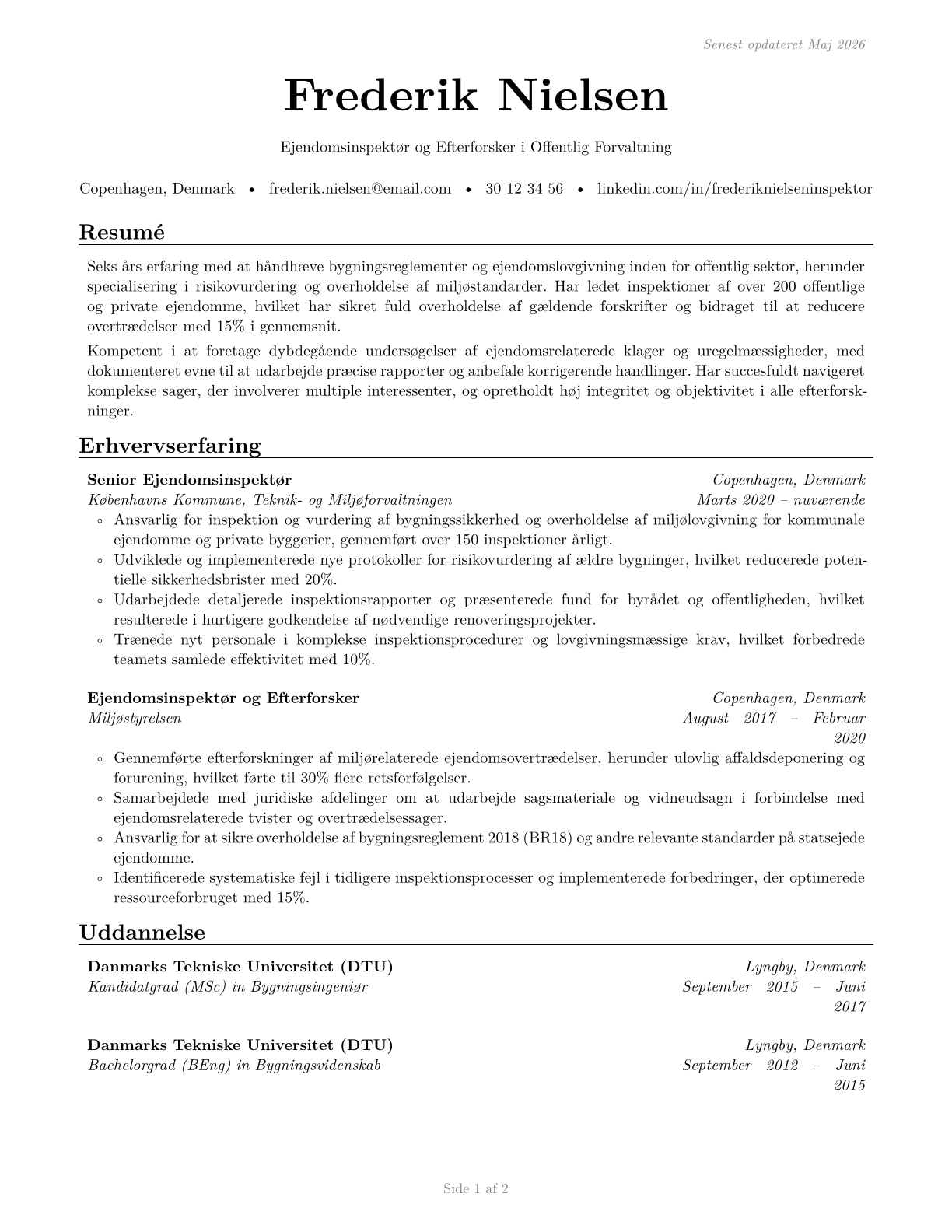 Government Property Inspectors and Investigators CV in Danish — page 1
