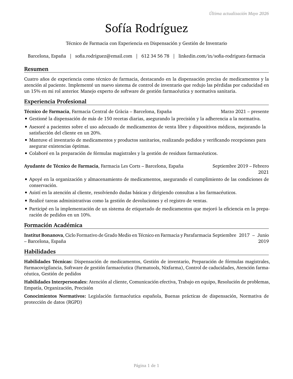 Pharmacy Technicians CV in Spanish — page 1